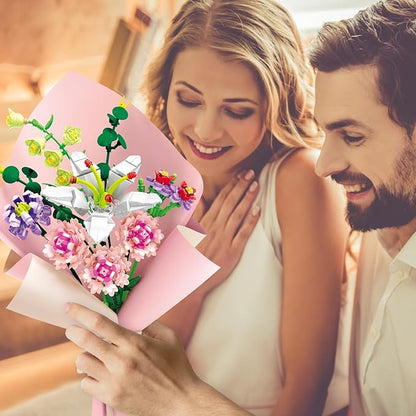 Flower Bouquet Building Blocks Artificial Pink Carnation Botanical Collection Bricks Sets Kits Christmas X'Mas Birthday Anniversary Valentine Gifts for Adults Women Mom Girlfriends(514PCS)