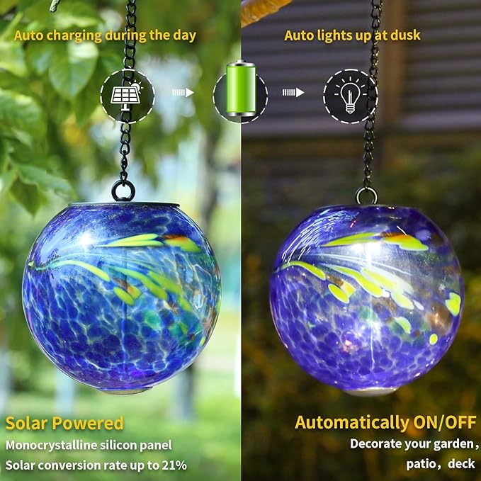 VCUTEKA Solar Hanging Lanterns Outdoor Decoration, Glass Solar Lights with Hook Up, Solar Garden Gazing Ball Light for Yard, Tree and Patio Decor, Blue