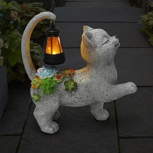 Solar Garden Outdoor Statues Cat with Succulent Solar Lantern, Lawn Decor Kitten Figurine for Patio Balcony Yard, Yard Unique Christmas Birthdays Gift for Mom Grandma