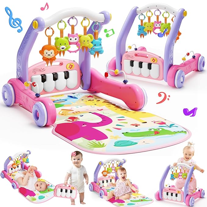 2 in 1 Baby Gym Play Mat with Walker, Kick and Play Piano Gym Activity for Boys Girls, Musical Activity Center Tummy Time Mat for 0-3-6-12-18 Months, Learning Walker Play Gym for Infant Toddler Gift