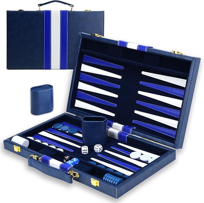 Backgammon Sets for Adults, 15 inch Backgammon Blue Sets Classic Board Game with Premium Leather Case, Portable Travels Strategy Backgammon Game Set for Adults, Kids (Blue)