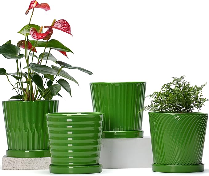 Ton Sin Plant Pots, 6 Inch Flower Pots for Plants,Ceramic Planter with Drainage Holes,Indoor Planter Pots with Saucer,Outdoor Garden Pots (Green, 4 Pack)