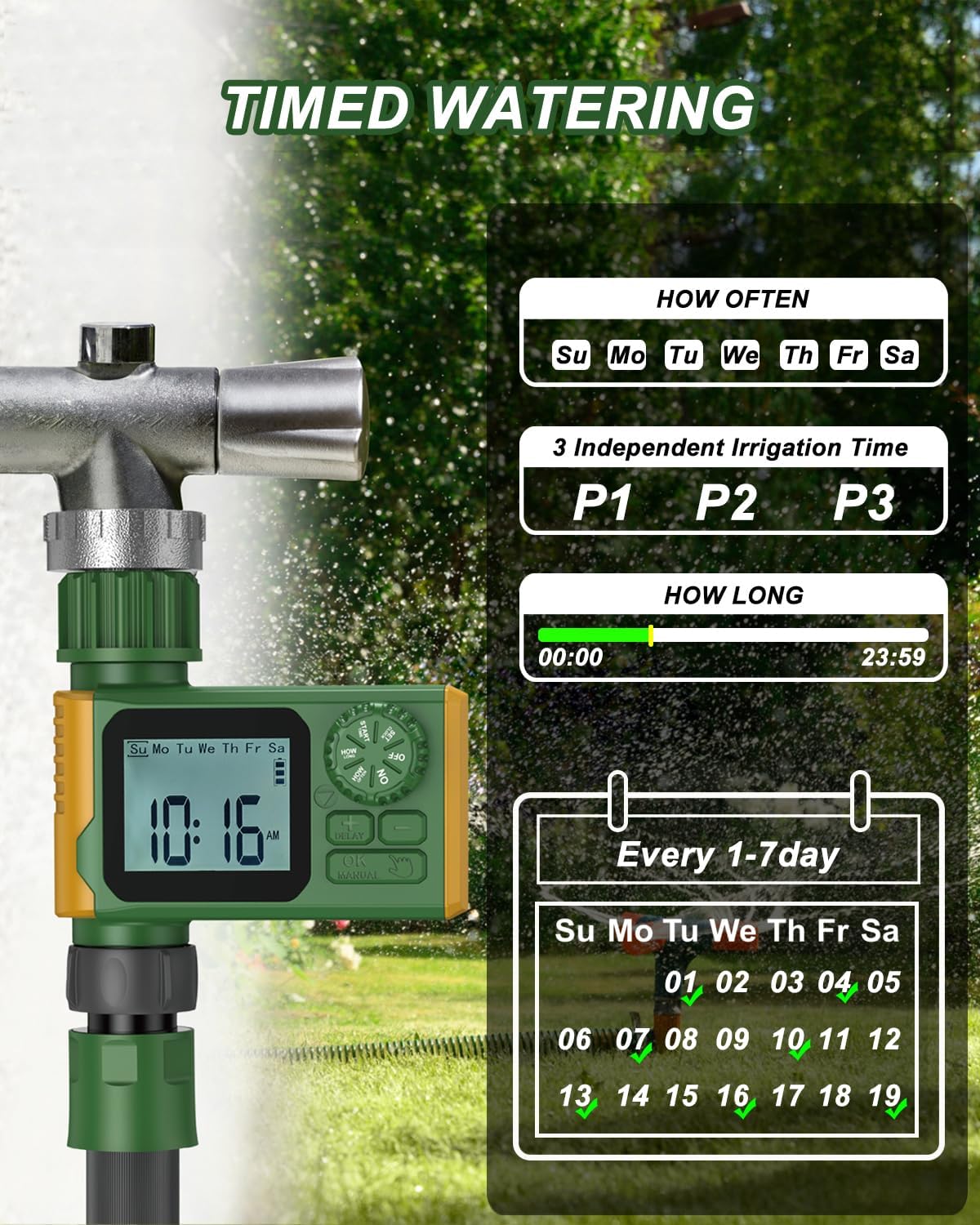 Programmable Sprinkler Timer, Irrigation Water Timer with Digital for Garden Soaker Hose, Rain Delay/Manual/Automatic Watering System for Outdoor, Yard, Lawn, 1 Outlet Green/Yellow