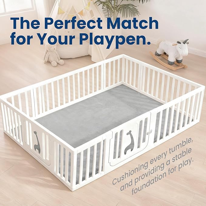 Baby Play Mat for Floor,Extra Large 79"×118" Playroom Mat,Thicker Memory Foam Classroom Mats for Toddler,Infant,Kids,Water Repellent Ultra Soft Coral Velvet,Non-Slip Backing Safe for Crawling(Light Grey)