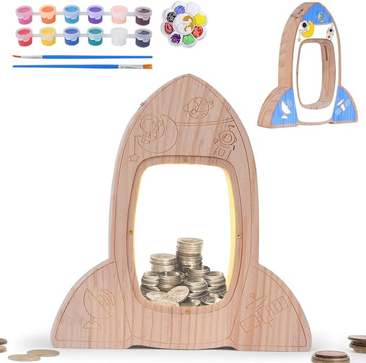 Wooden Piggy Bank for Kids, DIY Night Light Personalized Money Bank for Boys, Girls, Unbreakable Saving Box with Paintbrush and 12 Paints, Coin Jar Gifts for Kids Birthday Decor (Rocket)
