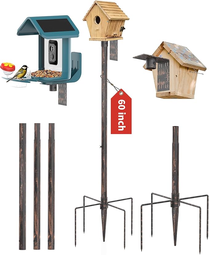 Bird Feeder Pole Stand – 60 Inch Height Feeding Station with 1-Inch Dia Heavy Duty for Hanging Feeders, Bird House Pole Mount Kit for Outdoor, Slip-Fit Connection，Copper Brushed