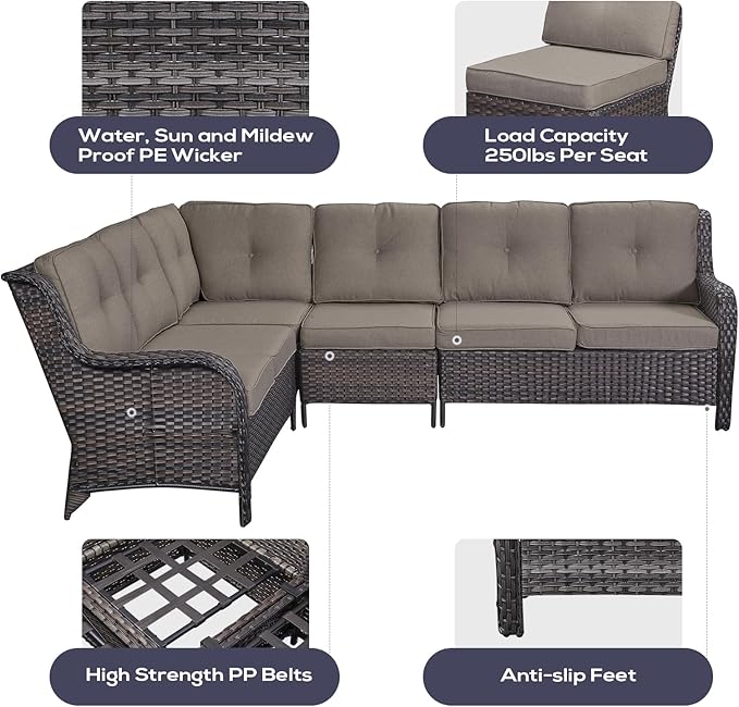 Outdoor Furniture Sectional Sofa L Shaped Couch - Patio Wicker Set with 2 Swivel Glider Chairs, 5 Piece Rattan Patio Conversation Sets with Gray Cushion for Deck Backyard Sunroom