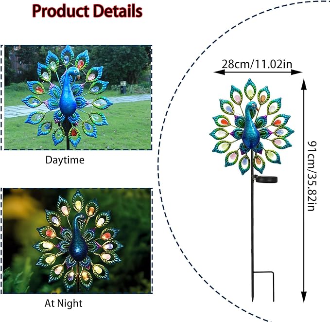 Outdoor Wind Spinner, Solar Garden Lights Metal Peacock Garden Decor,Solar Stake Lights Decorative for Patio Pathway Yard Decoration Mothers Day Ideal Gifts（Peacock Opens its Tail）