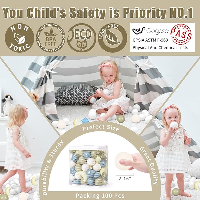 GOGOSO Ball Pit Balls Stars Moon Shapes Plastic Pitballs for Toddler Play Tent Baby Photo Props Kids Pool Water Toys Kiddie Pool Party Decor, Cream Blue+Yellow+Green+White,100PCS