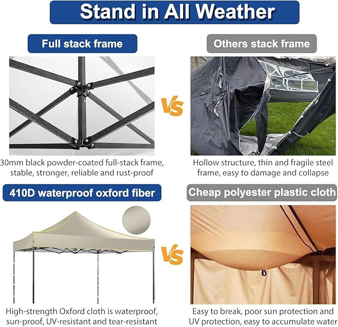 COBIZI 10x10 Heavy Duty Pop up Canopy with 4 Removable Sidewalls, Canopy Tent with Portable Bag, Ez Pop up Tent Commercial Gazebo Waterproof Sunshade for All Weather Party Camp Stall Patio,Khaki