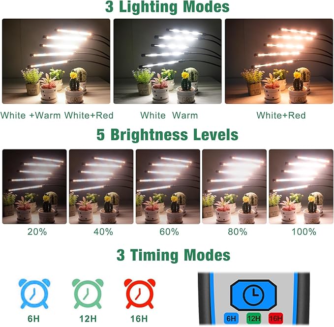 Garpsen Grow Lights for Indoor Plants, 5 Heads Full Spectrum Grow Light with Adjustable Tripod Stand & Sturdy Clip, 100PCS LEDs Plant Light for Indoor Plants with 6/12/16H Timer and 3 Light Modes