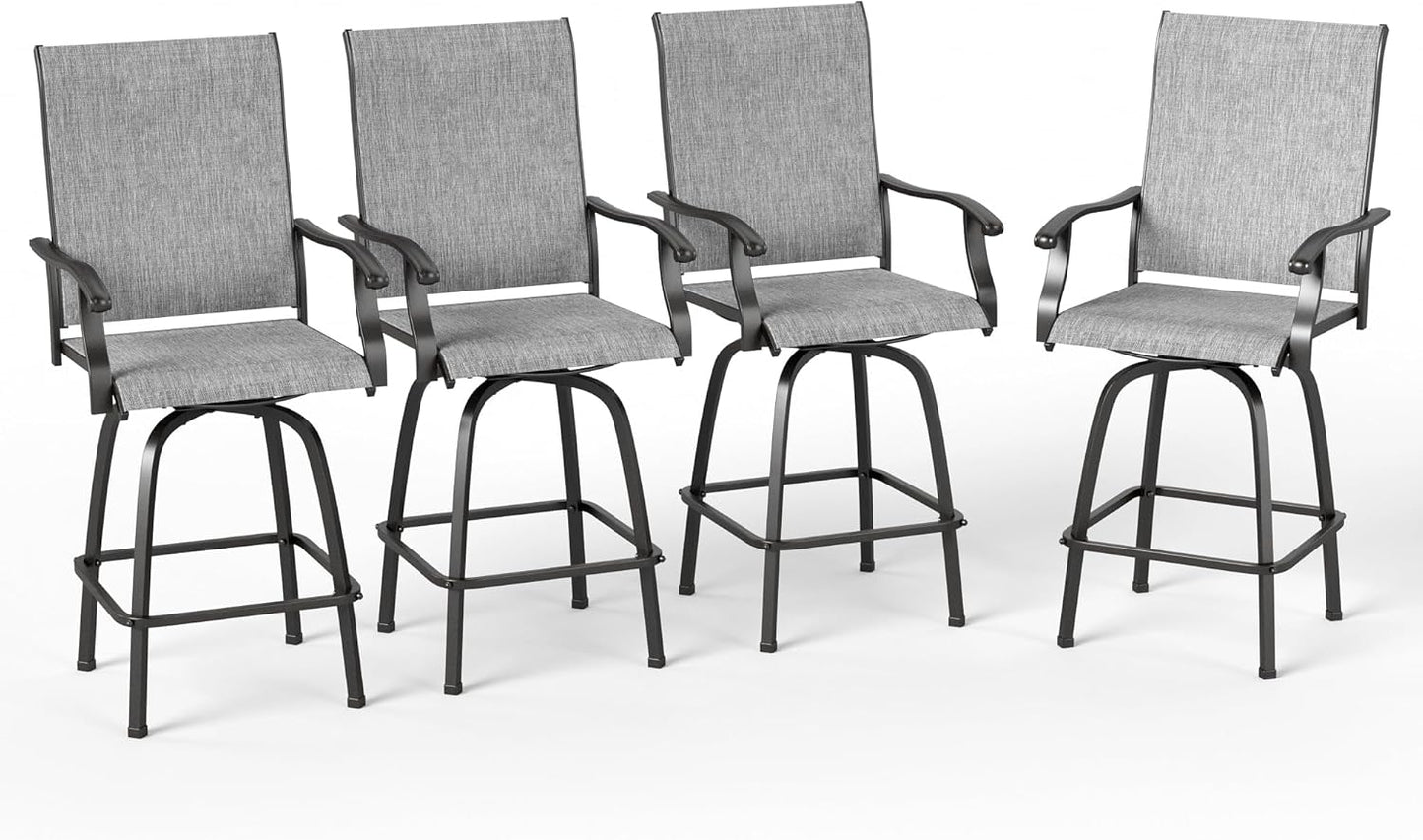 PHI VILLA Outdoor Swivel Patio Bar Stools Set of 4, 30 Inch Bar Height Tall Patio Chairs with Back & Armrest, Durable Textilene Fabric in Grey for Deck Lawn Garden