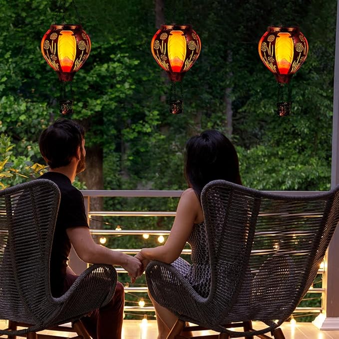 Hanging Hot Air Balloon Solar Lantern Waterproof, Solar Hot Air Balloon Lights with Flame Outdoor Garden Yard Patio Decor, Dandelion Colorful Lanterns Gifts for Mom