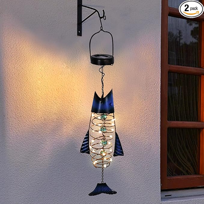 HONGLAND 2 Pack Solar Lantern Outdoor - Metal Fish Hanging Decoration - Waterproof Warm LED Lights Outside - Unique Gifts for Garden Man Women Holiday Days, Birthdays, Attractive Addition to Yard Art
