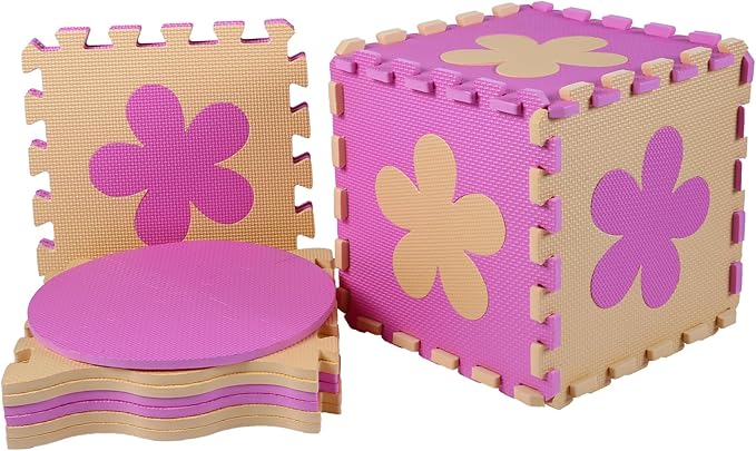 Foam Play Mat for Kids，25Pcs Square Interlocking Puzzle Floor Mat，Baby Play Mat Floor Mat Foam Puzzle Playmat for Toddlers with Fence（Pink Flower-CSH032
