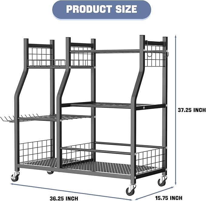 WALMANN Garden Tool Organizer with Wheels for Garage, Large Storage Capacity, Rakes/Shovels/Yard Tools Storage Stand for Shed, Garden, Indoor/Outdoor Long-Handled Tools Rolling Cart