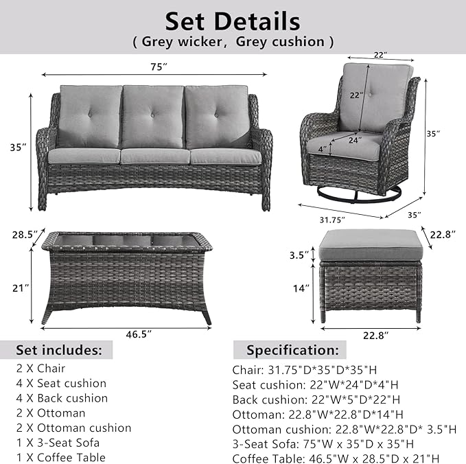 Wicker Outdoor Furniture Patio Furniture Set - 6 Piece Patio Conversation Set with Swivel Rocker Chairs, Rattan Sofa, Ottomans and Coffee Table, Gray Cushion
