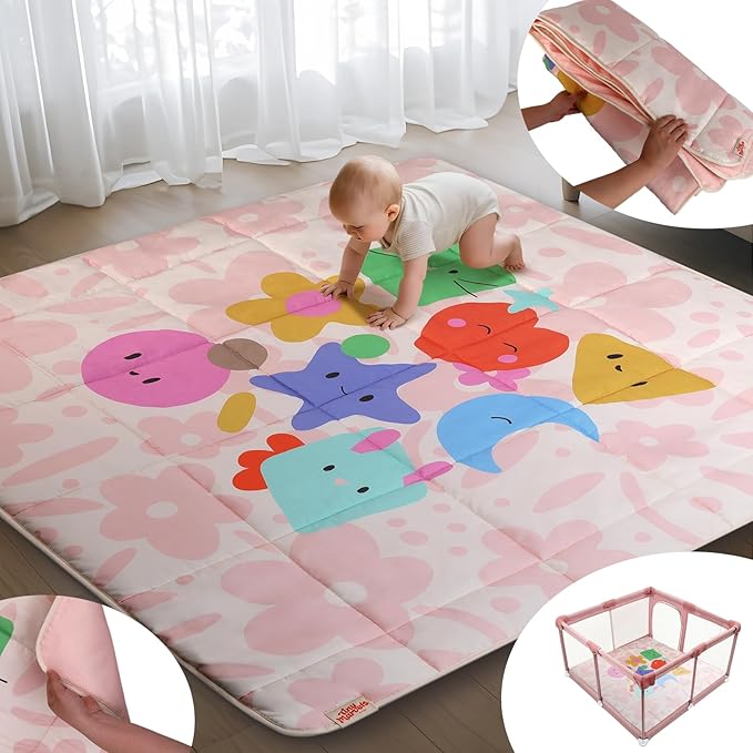 Baby Play Mat, Foldable Play Mats for Floor, 50x50 Inches Crawling Mat for Playpen with Anti-Slip Bottom, Machine Washable, Thicken Padding Foam Playmats for Babies and Toddlers (Pink Floral)