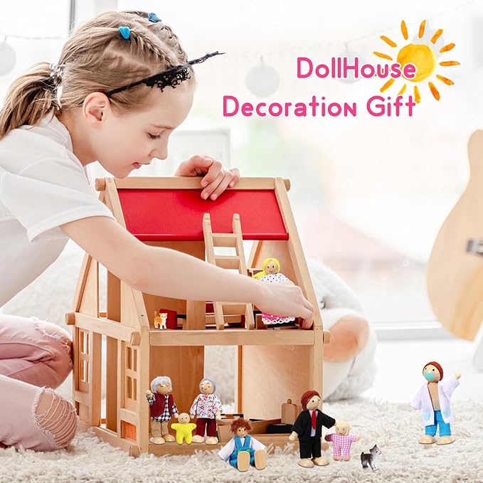 Skylety 10 Pcs Wooden Dollhouse Set of Mini People Figures Dollhouse Dolls Wooden Doll Play Figures Accessories(Rustic Style)