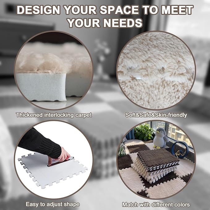 16pcs 0.6" Thickened Interlocking Tile Mats,Fluffy Shaggy Soft EVA Foam Area Rug for Living Room & Bedroom,Non-Slip Protective Floor Carpet Play Mat Kids Baby Dorm Home Decor (11.8ft, Khaki)