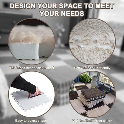 16pcs 0.6" Thickened Interlocking Tile Mats,Fluffy Shaggy Soft EVA Foam Area Rug for Living Room & Bedroom,Non-Slip Protective Floor Carpet Play Mat Kids Baby Dorm Home Decor (11.8ft, Khaki)