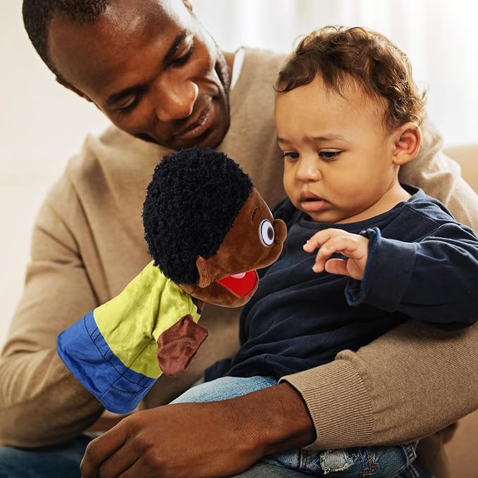 1 Pcs Family Hand Puppets 12 Inch Grandparents, Mom & Dad, Brother & Sister Plush Hand Puppet Toys Role-Play Toy Puppets for Kids Storytelling Imaginative Pretend Play Teaching Preschool(Black Bro)