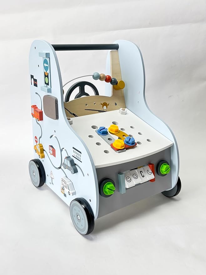 Giant bean Wooden Baby Push Walker with Activity Center – Car Traffic Theme Tool Bench Shape Sorter, Steering Wheel Gears Beads, Montessori Toy for Toddlers 1-3, Walking Push Toy Speed Adjustable