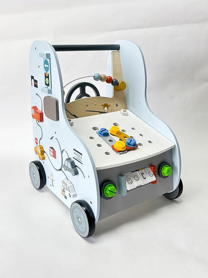 Giant bean Wooden Baby Push Walker with Activity Center – Car Traffic Theme Tool Bench Shape Sorter, Steering Wheel Gears Beads, Montessori Toy for Toddlers 1-3, Walking Push Toy Speed Adjustable