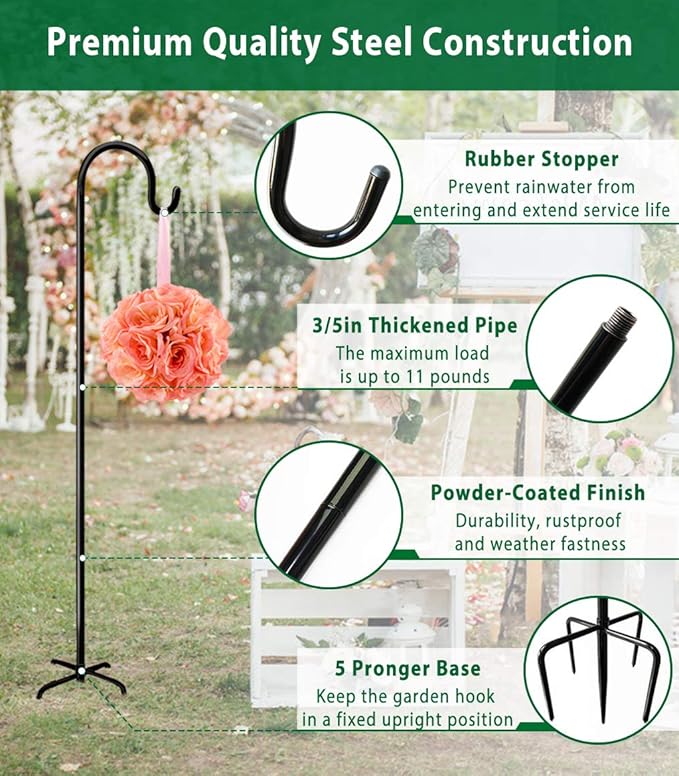 Artibear Adjustable Outdoor Shepherd Hook Stand with 5 Prong Base, 92 Inches Tall 3/5 in Thick, Shiny Black (1 Packs)