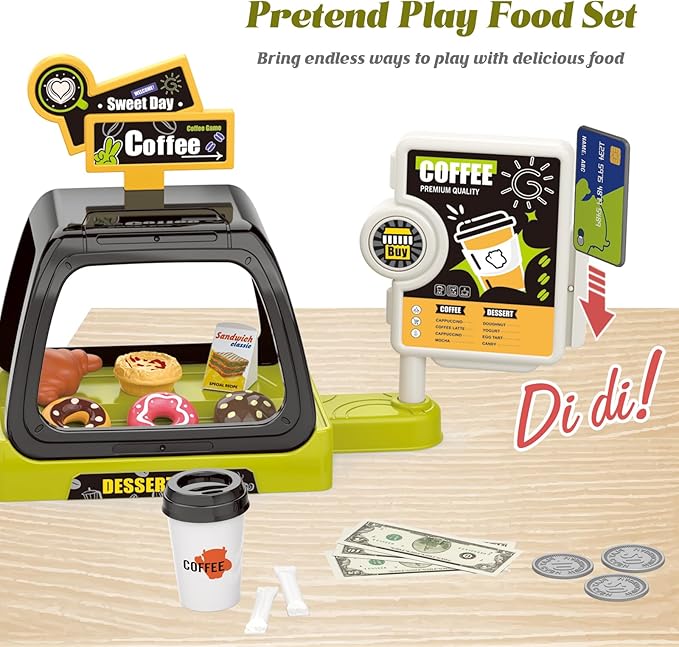 Kids Coffee Maker Play Set: Coffee, Cash Register, Play Food (Coffee, Donuts, Cookies, Egg Tarts, Croissants), Play Money - Educational Toy Kitchen Ages 3+