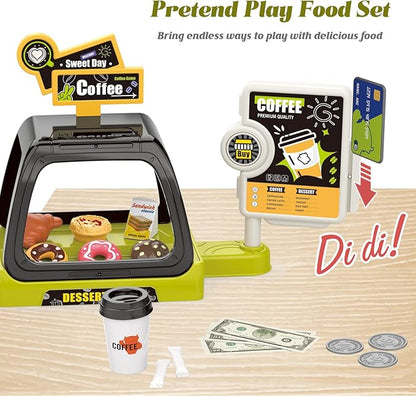 Kids Coffee Maker Play Set: Coffee, Cash Register, Play Food (Coffee, Donuts, Cookies, Egg Tarts, Croissants), Play Money - Educational Toy Kitchen Ages 3+
