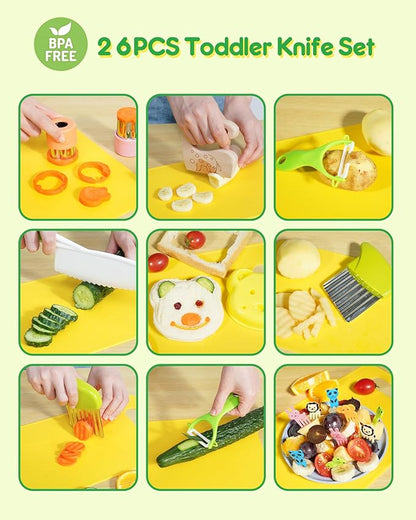 26 Pcs Kids Knife Set, Montessori Kitchen Tools for Toddlers' Real Cooking, BPA Free Knife Set Includes Crinkle Cutters Kid Safe Knives Cutting Board Peeler, Kitchen Tools for 4+ Year Old Girl Boy