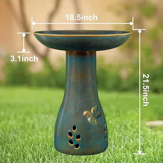 Ceramic Bird Bath for Outdoors, 21.5 inch Heavy Duty Bird Bath，Weather-Resistant Birdbath for Outdoor Garden Use, Attracts Birds, Elegant Yard Décor - Blue