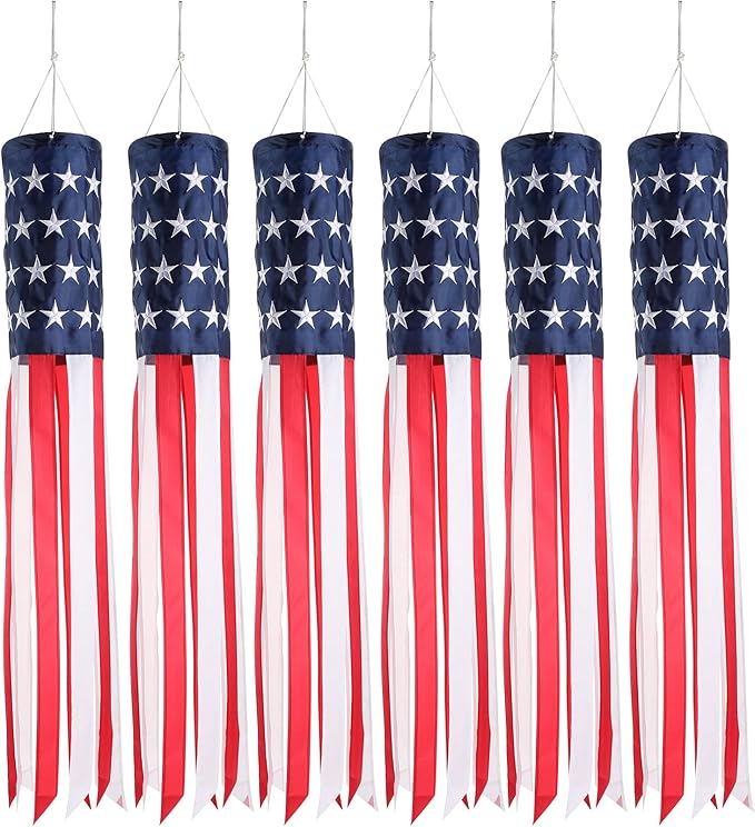 40 Inch American US Flag Windsock Outdoor USA Patriotic Decorations Embroidered Wind Socks Outdoor Hanging Fade Resistant 4th of July Windsock Independence Day for Garden Yard (6 Pcs)