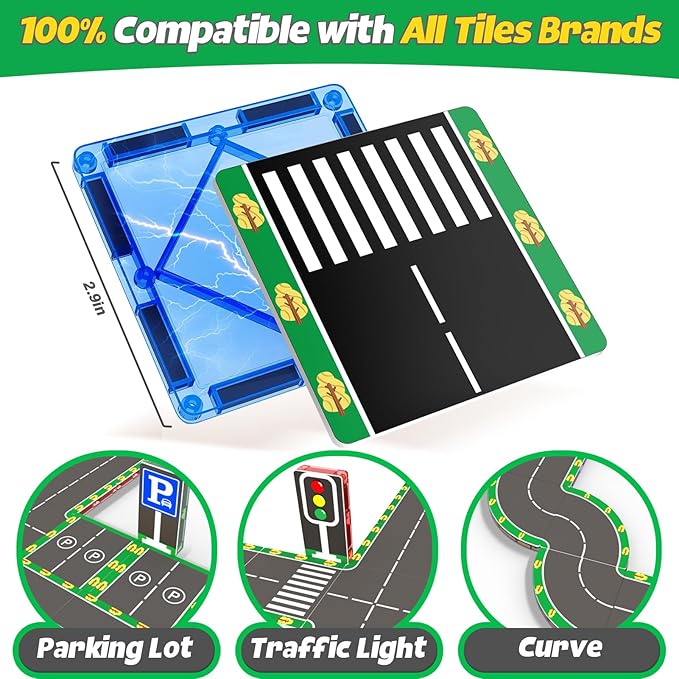 64PCS Magnetic Tiles for Kids Ages 3-5 4-8 Magnetic Building Blocks Road Expansion Pack for Toddlers Creative Learning Construction Toys Gift for Kids 3 4 5 6 7+Year Old Boys Girls Christmas Birthday