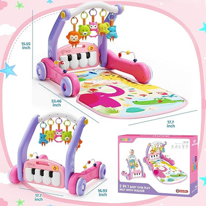 2 in 1 Baby Gym Play Mat with Walker, Kick and Play Piano Gym Activity for Boys Girls, Musical Activity Center Tummy Time Mat for 0-3-6-12-18 Months, Learning Walker Play Gym for Infant Toddler Gift