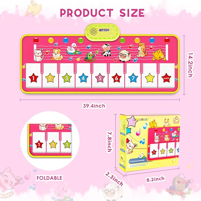 M SANMERSEN Piano Mat - Musical Keyboard Playmat 39.5" Electronic Music Animal Touch Play Blanket Funny Xmas Gift Toy for 1 2 3 Year Old (Pink)