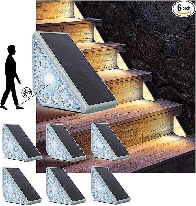Motion Sensor Solar Step Lights Outdoor Waterproof, 8 Led Solar Stair Lights for Outside, Motion Detector Lights Solar Power for Pathway/Deck/Walkway/Drivway/Lawn/Garden(6PC)