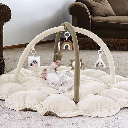 5-in-1 Thick & Plush Baby Play Gym, Baby Play Mats for Floor, Tummy Time Mat with 6 Toys, Cat Bed, Dog Bed, Convertible Stage-Based Developmental from Babies to Toddler, Ball Pit, Pet Cushion, Brown