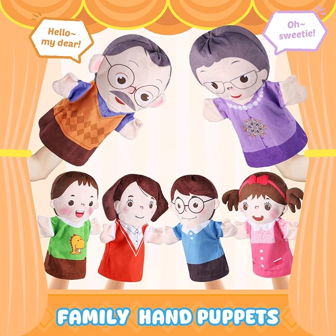 6 Pcs Family Hand Puppets 10 Inch Grandparents, Mom & Dad, Brother & Sister Plush Hand Puppet Toys Role-Play Toy Puppets for Kids Storytelling Imaginative Pretend Play Teaching Preschool(6 Family C)