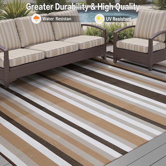 Outdoor Waterproof Rug 8'x10' Plastic Straw Rugs Washable Reversible Floor Mat Brown Stripe Carpet for Camping RV Deck Entryance Porch Picnic Balcony Beach Backyard