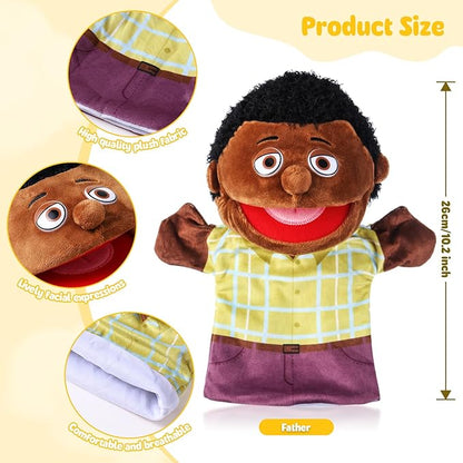 1 Pcs Family Hand Puppets 12 Inch Grandparents, Mom & Dad, Brother & Sister Plush Hand Puppet Toys Role-Play Toy Puppets for Kids Storytelling Imaginative Pretend Play Teaching Preschool(Black Dad)