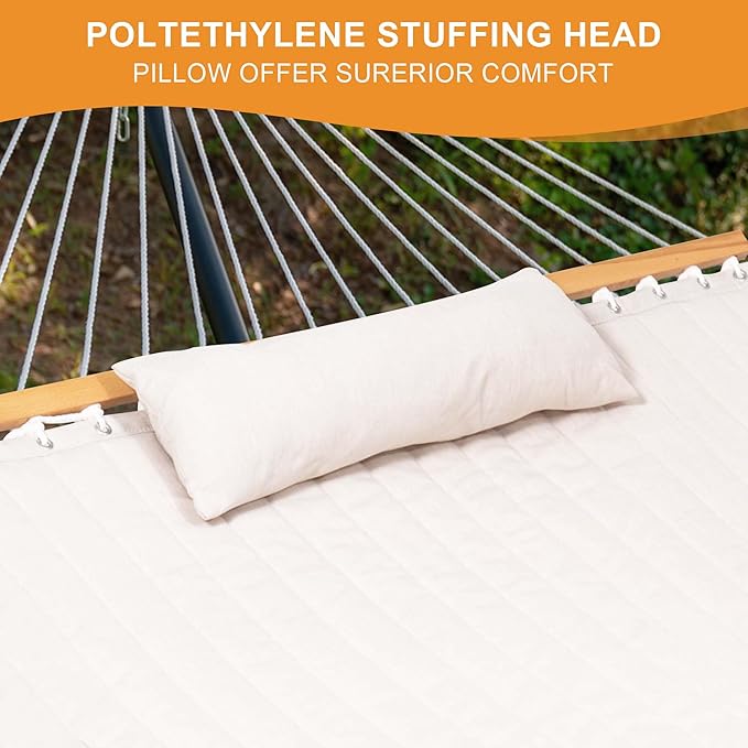 Lazy Daze 12 FT Sunbrella Quilted Double Hammock with Hardwood Spreader Bar, 450 lbs Capacity, Cream