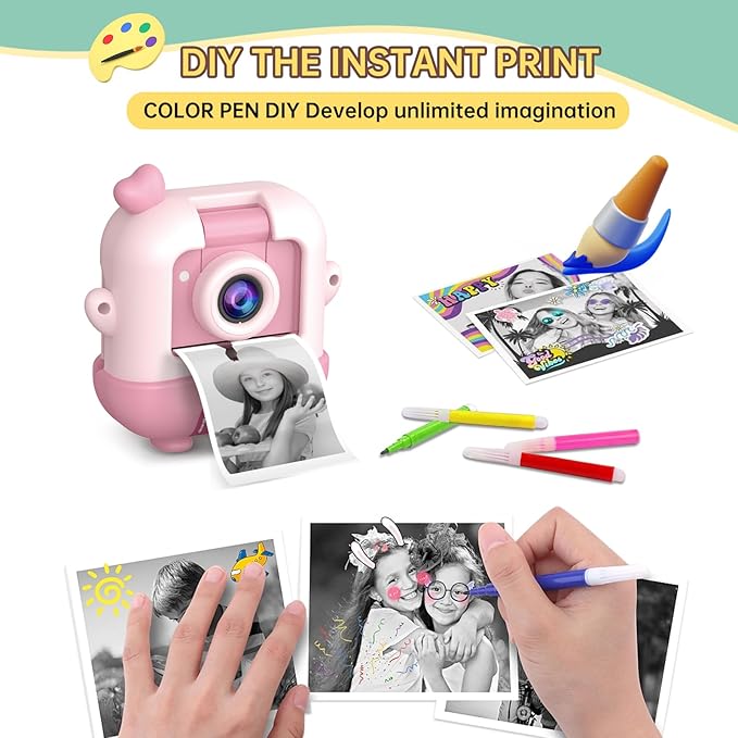 Kids Camera Instant Print with Cartoon Silicone Cover, Digital Mini Camera for 3 4 5 6 7 8 9 10 11 12 Year Old Boys Girls Birthday Chirstmas Toys Gifts - Personal Video Players (Bunny Pink)