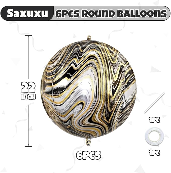 6 Pcs Black Gold and White Balloons, Saxuxu Black and Gold Balloons, 22 Inch Big Round Foil Balloon for Graduations Birthday Party Baby Shower Wedding Decorations