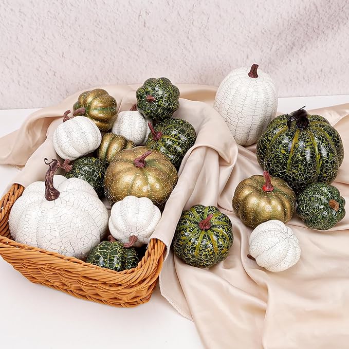 12 Pcs Pumpkin Decor,Fall Decorations for Home,Metal Cracked Design Foam Pumpkins for Thanksgiving Halloween Table Centerpiece Decor,Autumn Harvest Outdoor Pumpkins for Porch