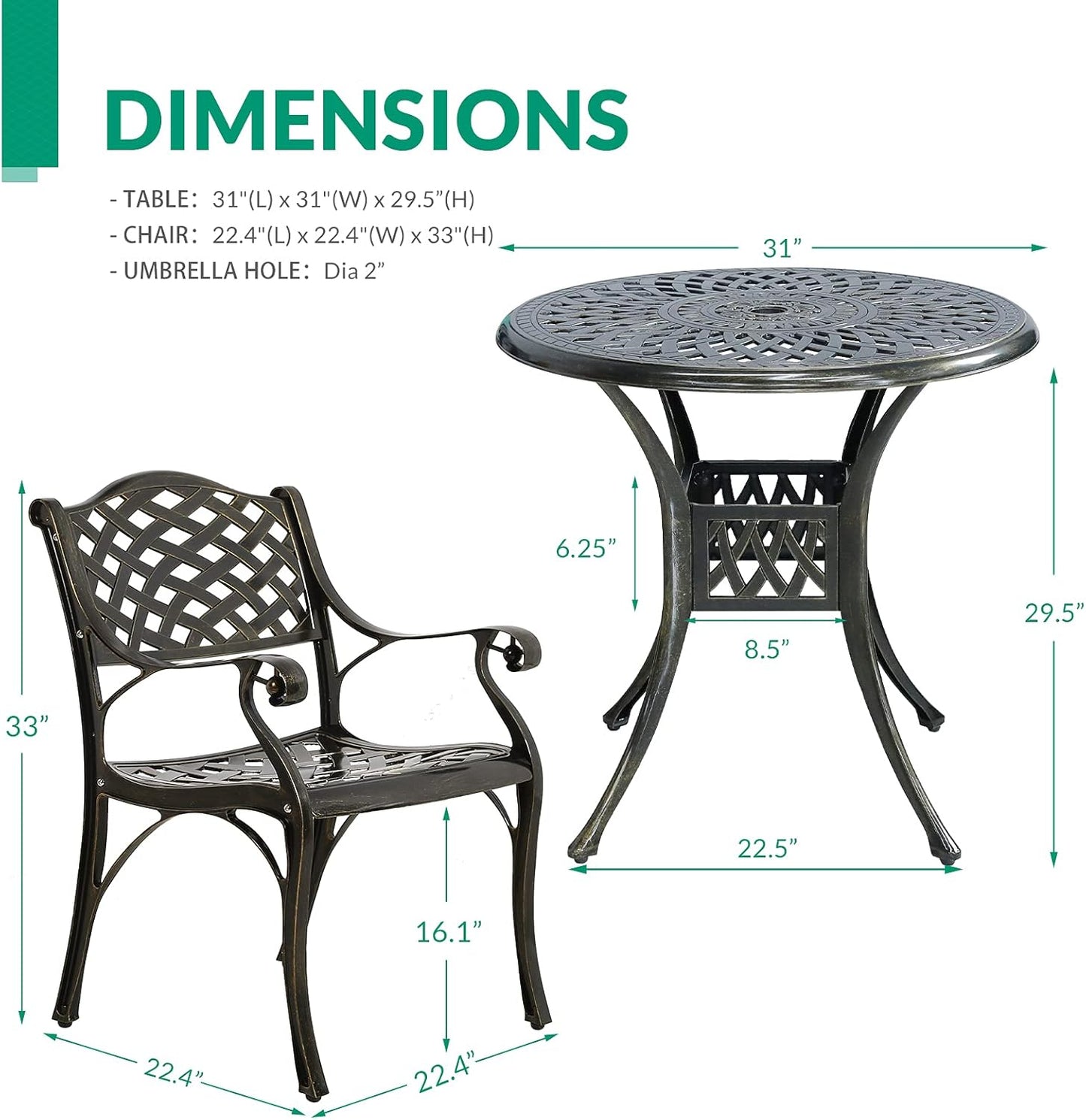 VIVIJASON 3-Piece Patio Bistro Set, All-Weather Cast Aluminum Outdoor Furniture Dining Set, Include 2 Chairs and 31" Round Table w/Umbrella Hole for Balcony, Lawn, Garden, Backyard, Antique Bronze