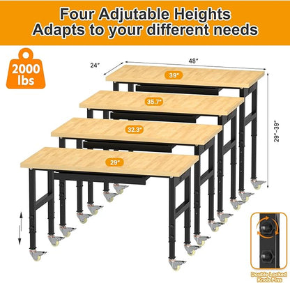 48"x24" Adjustable Workbench on Wheels, Heavy-Duty Work Bench, 2000 LBS Worktable with Power Outlets & Drawer, Portable Chipboard Work Station for Garage, Repair Shop, Workshop, Office