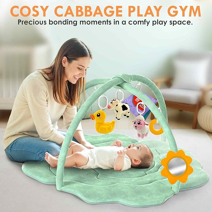 QUOKKA Baby Play Gym XL – Cabbage-Shaped Baby Play Mat with 6 Large Sensory Toys – Tummy Time Mat for Infant Development – Machine Washable Newborn Essentials Must Haves – Gender Neutral Gift Items