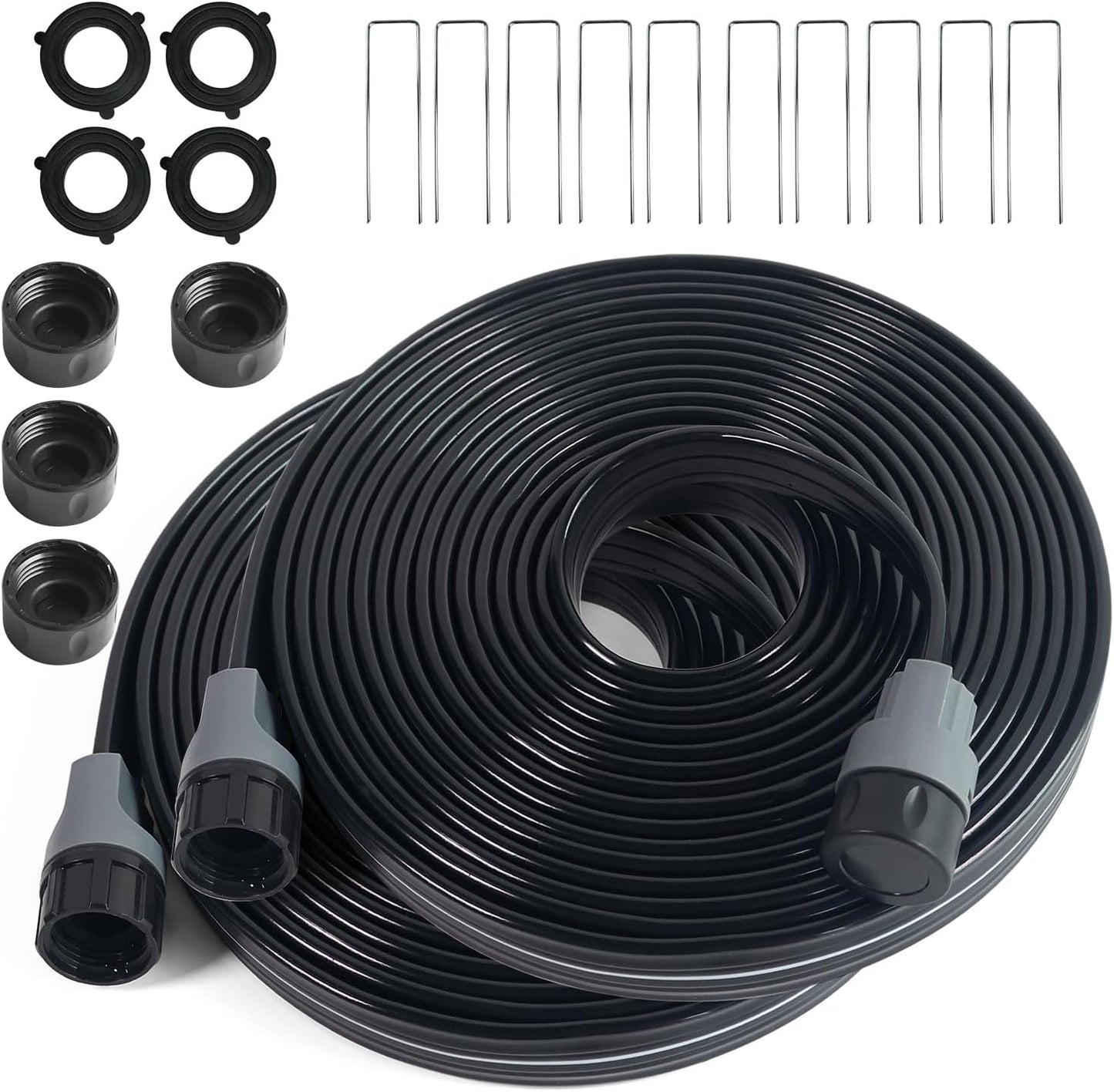 2-Pack Sprinkler Hose with Holes 15 Ft, Flat Soaker Hose 30 ft with Garden Staples, Drip Irrigation Hoses for Lawn, Watering Hose System (Black, 30 ft(15ftx2pack))